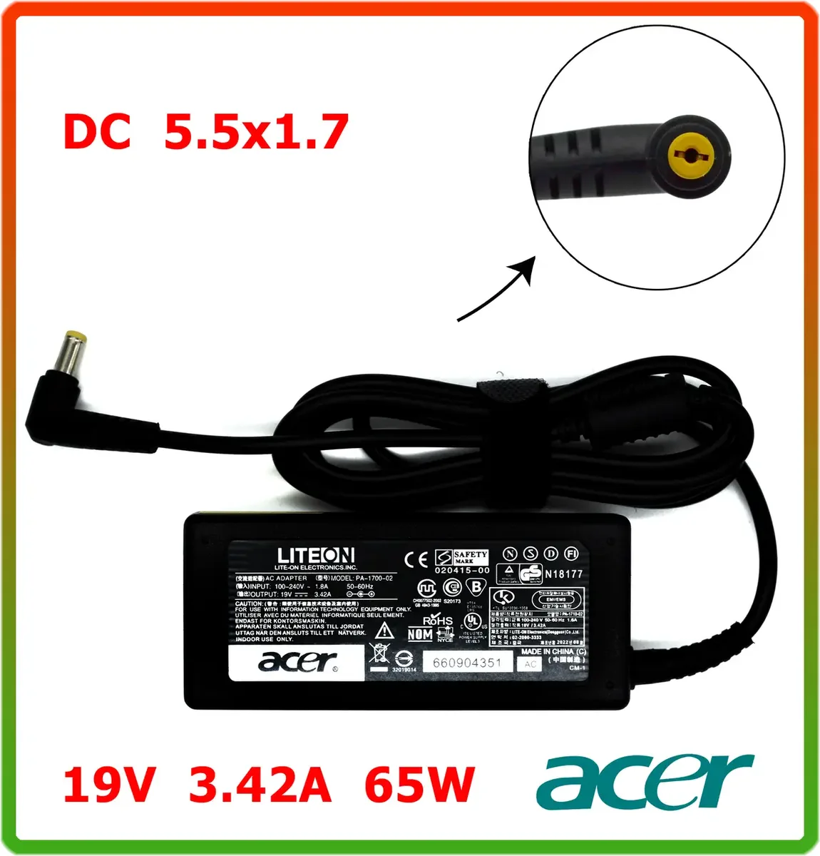 Блок живлення для ноутбука Acer 19V 3.42 A 65W (DC 5.5*1.7)