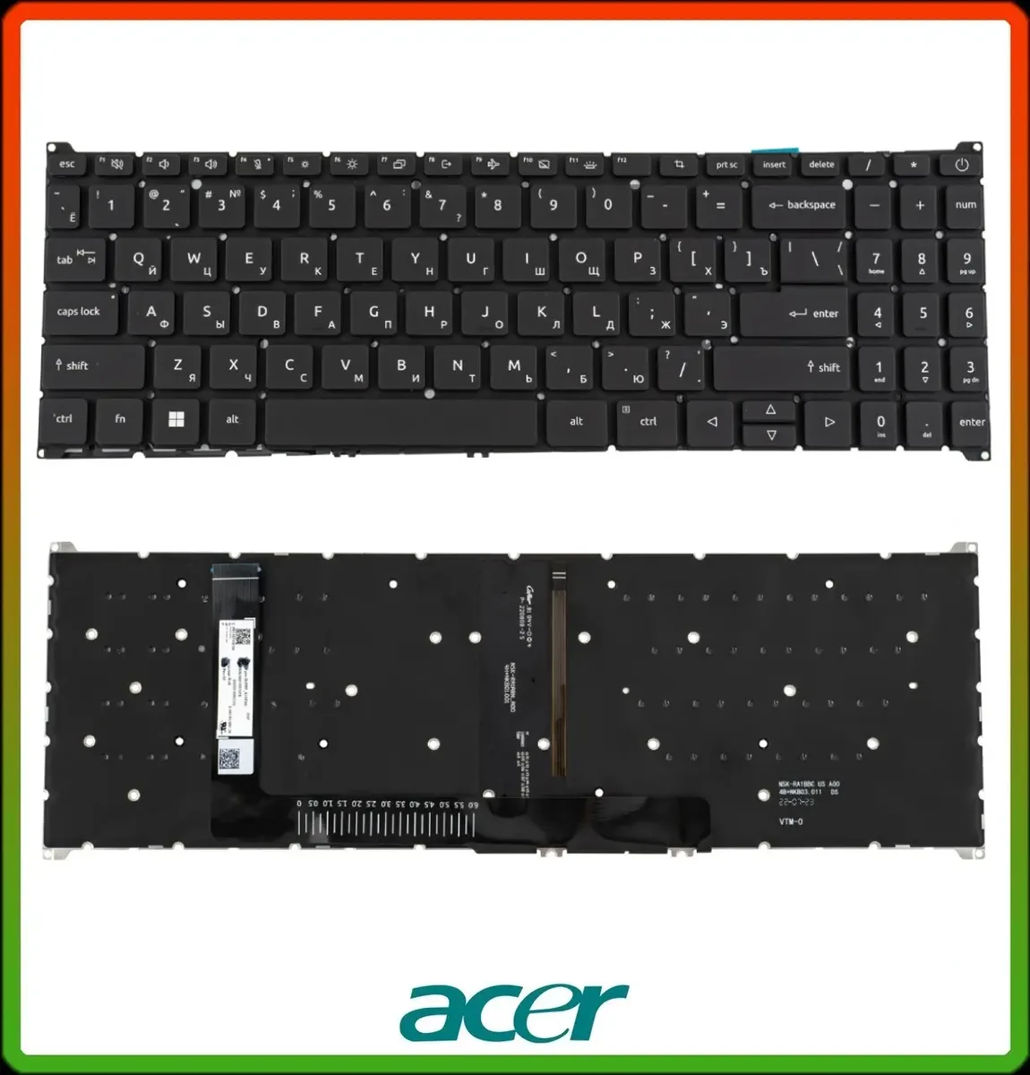 Клавіатура Acer Aspire A315-59, A315-59G, A515-57, A515-57G, A715-51G, A715-76, NK151310B, rus, black, з підсвіткою, без фрейму